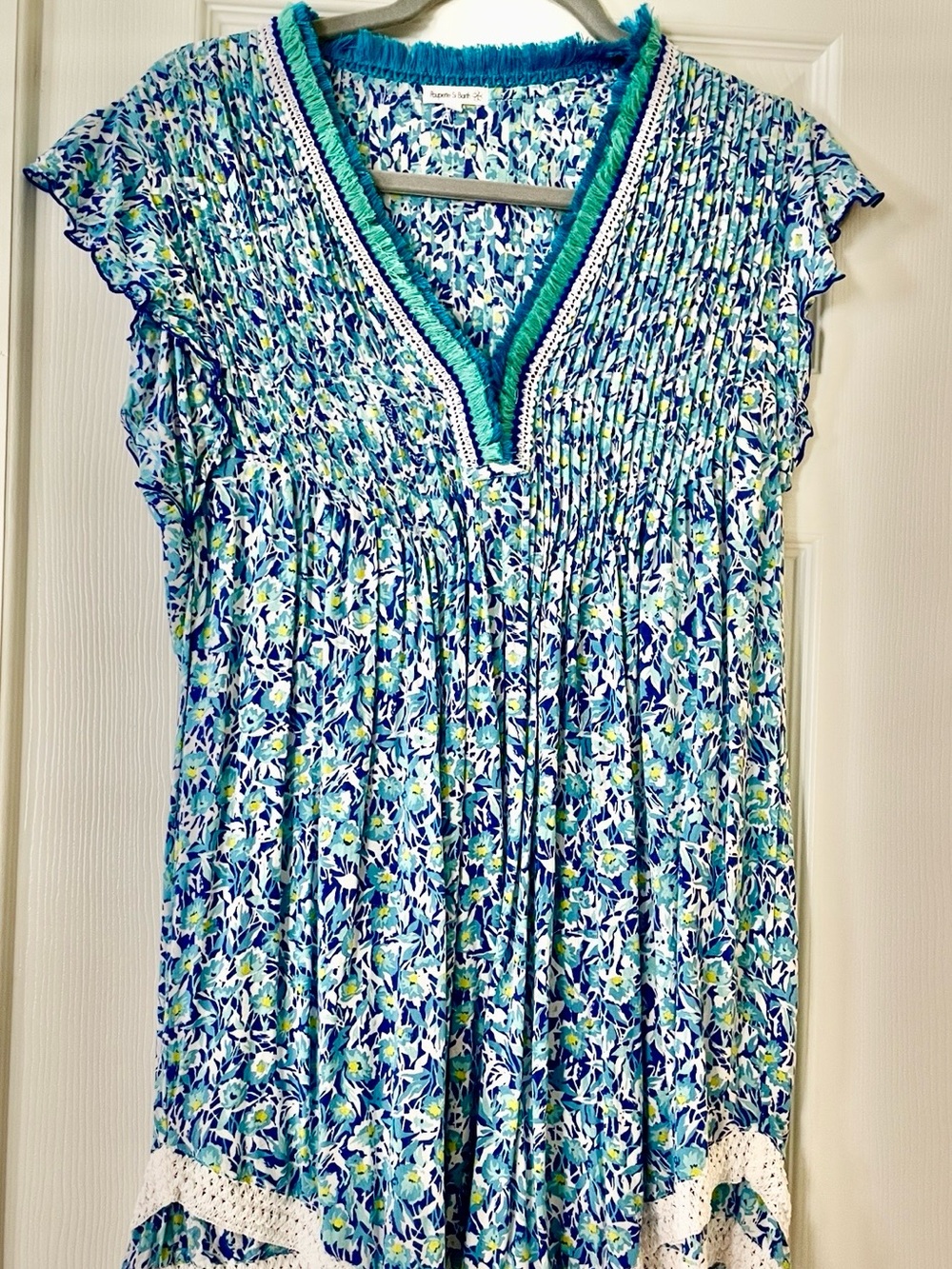 Poupette St Barth Blue Floral Pleated Tunic Cover Up Crochet Trim - Picture 2 of 7
